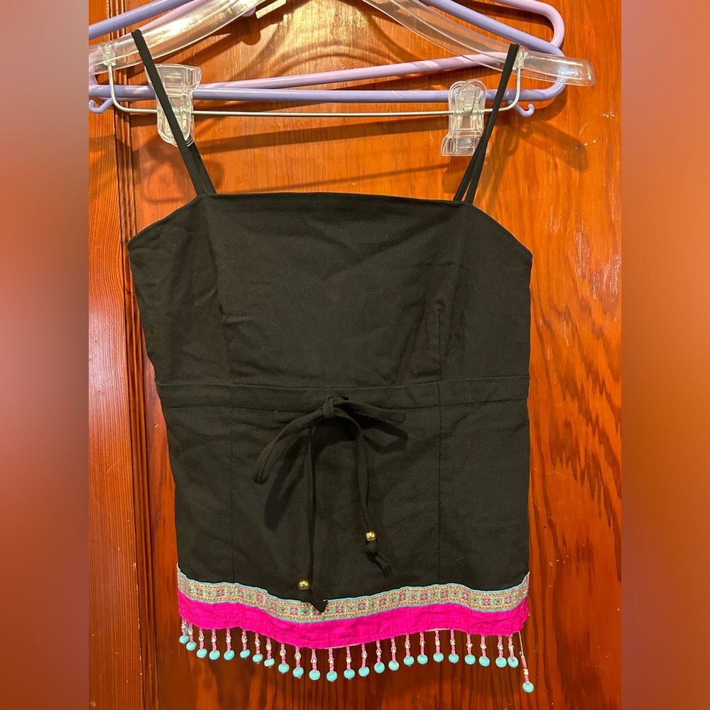 Vintage monteau Y2K black tank top Aztec blue beaded trim top